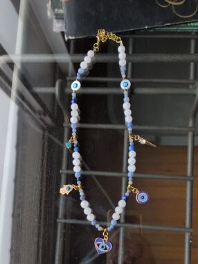 Handmade Blue advetureine and White Quartz Beaded Evil Eye Charm Necklace
